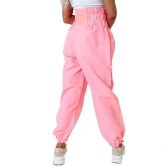 ZENANA Windbreaker High Waist Jogger Pants Zip Closure Side Pocket Bright Pink M - Picture 11 of 12